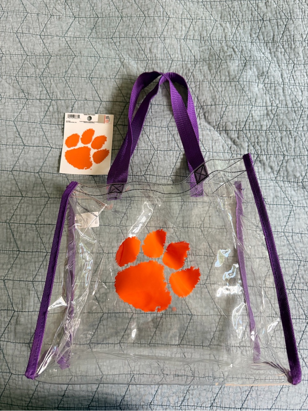 Forever Collectibles Clemson Tigers Clear PVC Tote Bag Purple Handles Orange Paw